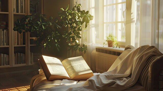 a cozy reading nook, with sunlight streaming onto highlighted quotes in a book, evoking a sense of introspection and inspiration.