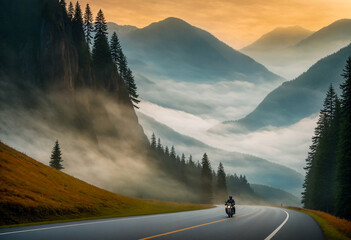 an empty road with a motorcycle passing over it on the side - obrazy, fototapety, plakaty