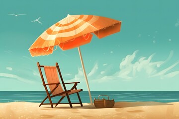 AI generated illustration of a beach chair with an umbrella for shade on a sandy shore - obrazy, fototapety, plakaty