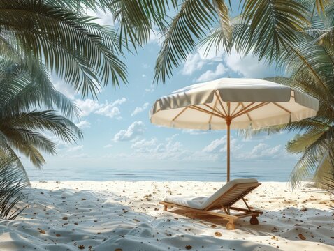 A beach umbrella stuck in the sand with an empty lounge chair next to it. A light breeze blows through the palm leaves.