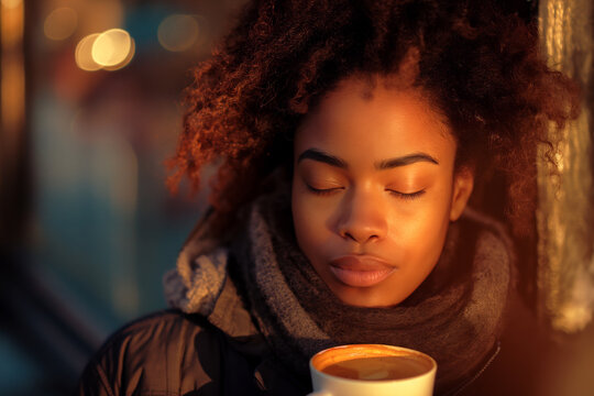 a woman is drinking coffee and smelling her ear while outdoors
