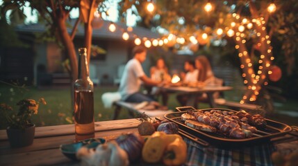 AI-generated illustration of a backyard family barbecue at dusk, warm glowing lights in the backdrop