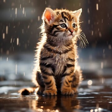 Kitten under the rain. Ai generated