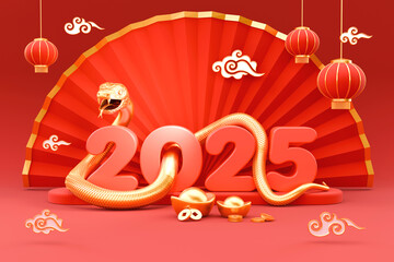 Snake is a symbol of the 2025 Chinese New Year. 3d render illustration of Snake writhing around the...