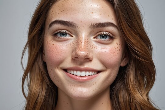 AI generated illustration of a cheerful young woman with freckles, smiling at the camera