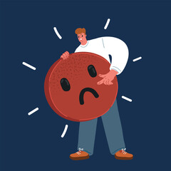 Cartoon vector illustration of Man holding angry bad unhappy smile over dark background