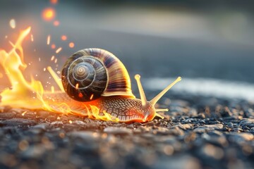Whimsical image of a snail with blazing trails, simulating high-speed motion