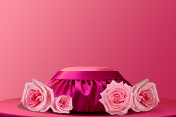 Pink product podium placement with roses flowers  on solid background, Empty podium with rose and petals for display gifts, products or cosmetics