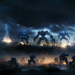 AI generated illustration of an array of futuristic robots illuminated in a dark field