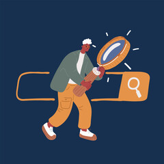 Cartoon vector illustration of man looking trough magnifying glass at searching bar over dark background