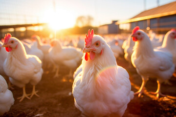 Fototapeta premium White chicken close up, flock of chickens in a farmyard, outdoors, side view, profile