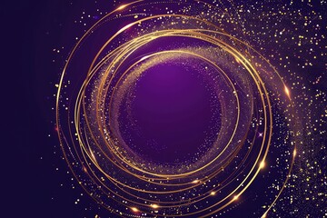 abstract golden circle lines overlapping on purple background with sparkle light effect.