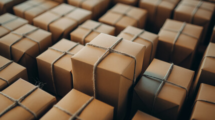 Fototapeta premium A neat arrangement of identical, stacked cardboard boxes with string tied around them.