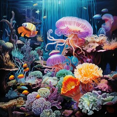 Fototapeta na wymiar Underwater landscape showcasing a variety of vibrant and colorful marine plants, AI-generated.