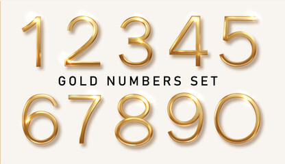 Gold realistic gold numbers isolated. Realistic luxury metallic number from zero to nine. Design element for festive party decoration