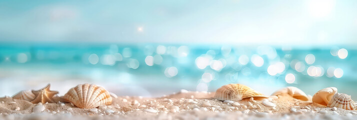Obraz na płótnie Canvas Blurred light blue background with sandy beach and bokeh, summer banner template for design, banner, product display