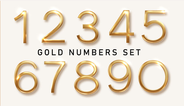 Gold realistic gold numbers isolated. Realistic luxury metallic number from zero to nine. Design element for festive party decoration