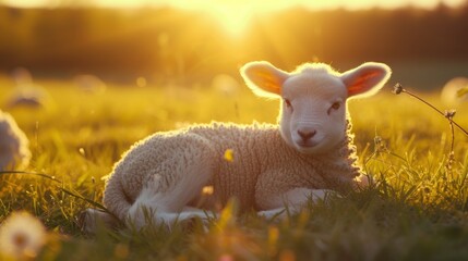 Obraz premium Close up of a newborn lamb in Springtime, laying down in lush green field and facing forward. Clean green background