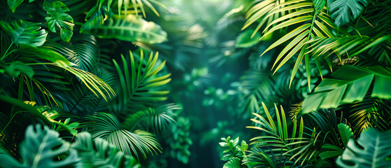 Fototapeta na wymiar Lush Tropical Forest, Bright Green Leaves and Dense Jungle, Nature’s Untouched Beauty