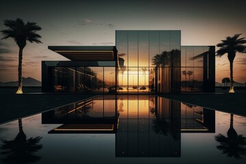 AI generated illustration of a modern house with a pool and palm trees at sunset