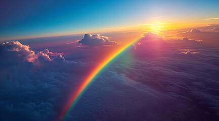 Naklejka na ściany i meble Sunset, rainbow in the sky, view from airplane window above clouds