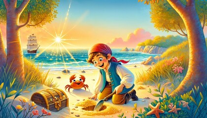 Naklejka premium Pirate Child's Quest for Treasure on Sunny Beach Shores - AI Generated Digital Art
