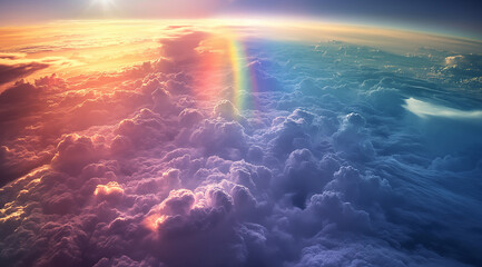 Sunset, rainbow in the sky, view from airplane window above clouds