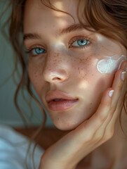 closeup of a young woman applying face cream , blue eyes amber hair influencer style