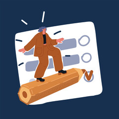 Cartoon vector illustration of Positive business woman with a giant pencil on his shoulder nearby marked checklist on a clipboard paper. Successful completion of business tasks. Over dark background