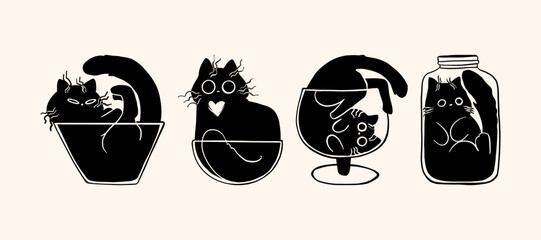 Set of silhouette cats in various glass forms. Vector illustration. - 780421271