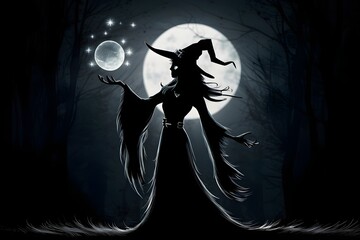 halloween witch silhouette standing in the front of moon, witch with full moon night 
