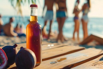 Homemade iced tea in a bottle with passion fruit and people on the beach in the background....