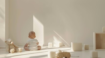 a child sits on the floor with a pacifier in their mouth, surrounded by toys like cars, bears, and cubes, creating a heartwarming and realistic scene.