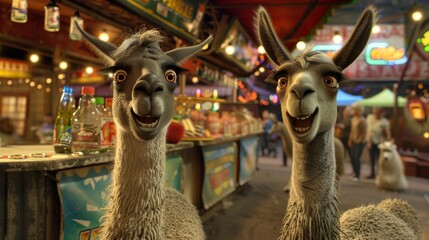 At a bustling fairground, a pair of llamas tries their luck at carnival games. Fairy tale illustration.  - obrazy, fototapety, plakaty