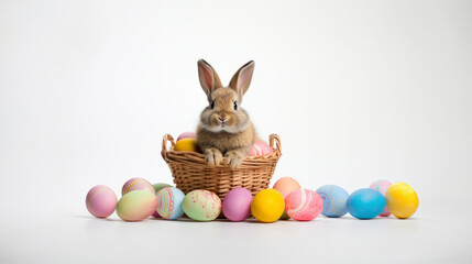 AI generated illustration of a cute bunny beside vibrant Easter eggs on a table