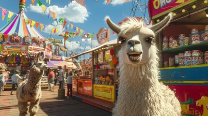 Fototapeta premium At a bustling fairground, a pair of llamas tries their luck at carnival games. Fairy tale illustration. 
