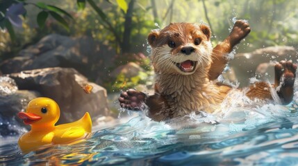 At a lazy river on a hot day, a mischievous otter uses a giant inflatable duck as a makeshift waterslide. Fairy tale animal illustration.  - obrazy, fototapety, plakaty