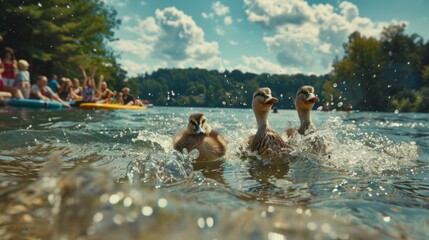 At a picturesque lake, a family of ducks decides to try paddleboarding but ends up flipping over. Fairy tale illustration.  - obrazy, fototapety, plakaty