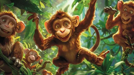 Foto op Canvas In a lively jungle scene, a clumsy monkey tries to swing from vine to vine. Fairy tale illustration.  © Dannchez