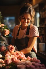 AI generated illustration of a young woman working in a flower shop