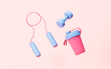 Cartoon rope skipping , dumbbell and cup in the pink background, 3d rendering. - obrazy, fototapety, plakaty