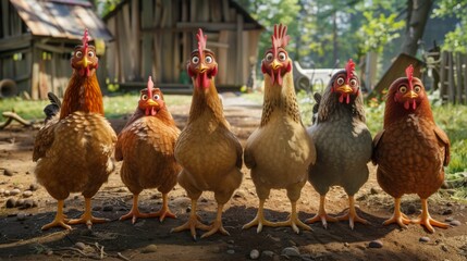 In a sleepy countryside, a gang of chickens decides to put on a talent show. Fairy tale illustration.  - obrazy, fototapety, plakaty