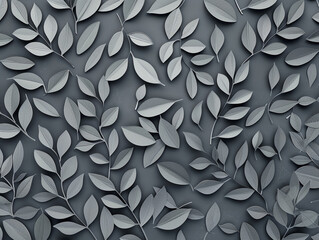 Grey paper cut style leaf and floral pattern background. Medium density pattern.  - obrazy, fototapety, plakaty