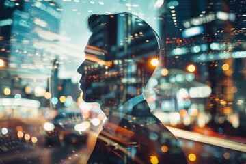 Captivating double exposure of a businessman envisioning success amidst a vibrant cityscape