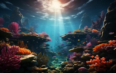 AI generated illustration of a vibrant underwater scene featuring colorful coral and rocks