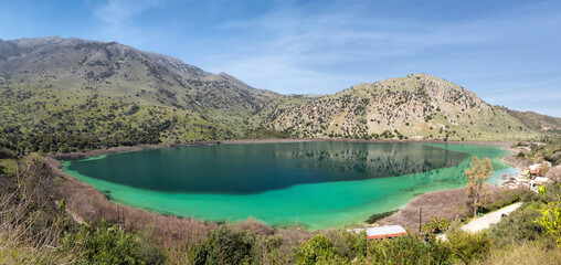 Panorama of Lake Kournas (Lac Kourna) on Crete island, Greece
