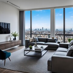 beautiful modern living room design by a architect in a apartment with view on the city