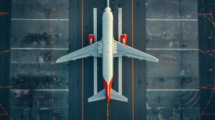 Top down view on commercial airplane docking in terminal in the parking lot of the airport apron, waiting for services maintenance, refilling fuel services after airspace lock down