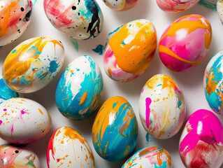 Fototapeta na wymiar AI generated illustration of vibrant Easter eggs with paint splatters on white background