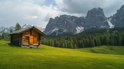 Fototapeta na wymiar old wooden hut cabin in mountain alps at rural fall landscape